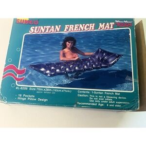 Vintage Sunco Suntan French Mat Inflatable Pool Lounge Float 76x28 Pillow Hinge